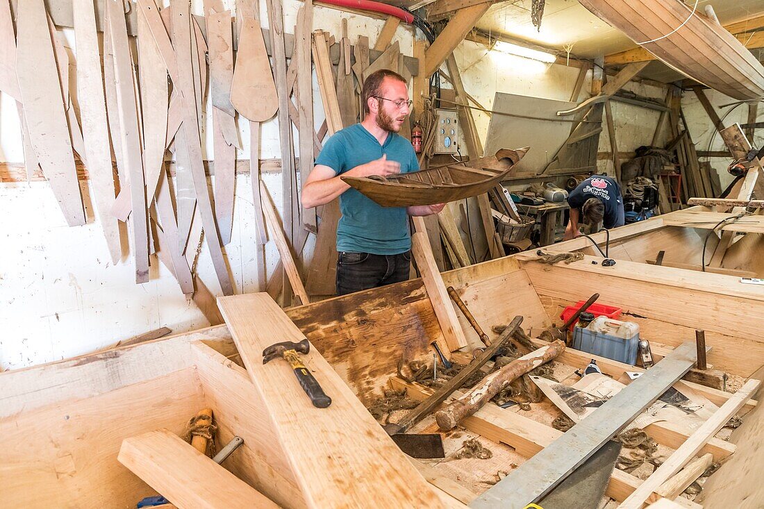 Escute, typical flemish boat of the audomarois marshes, faiseurs de bateaux (boat builders) workshop, saint omer, (62) pas-de-calais, france