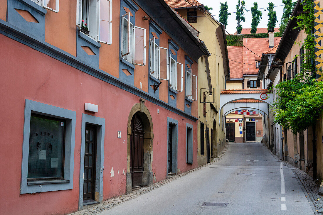 A narrow street in Ptuj, Slovenia.