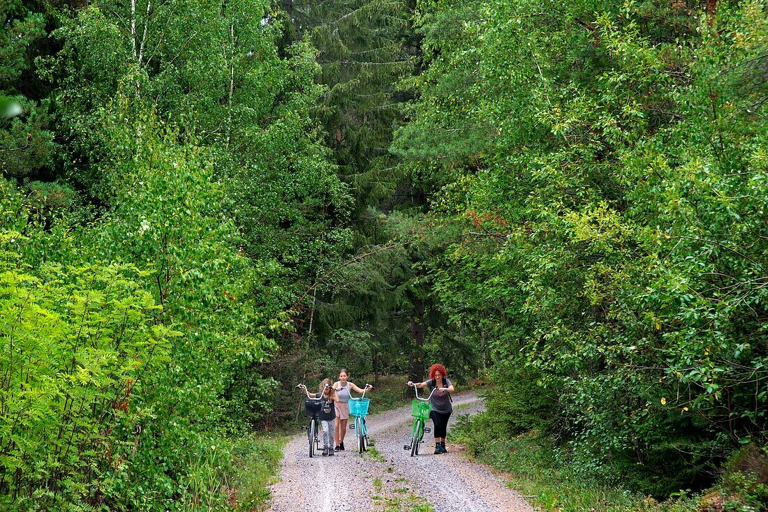 Riding a bicycle in Nagu or Nauvo island in Väståboland in Pargas in Southwest Finland Turku archipelago. The archipelago ring road or Saariston rengastie is full of things to see, do and do. The Archipelago Trail can be taken clockwise or counter clockwise, starting in the historical city of Turku, and continuing through rural archipelago villages and astonishing Baltic Sea sceneries. The Trail can be taken from the beginning of June until the end of August.