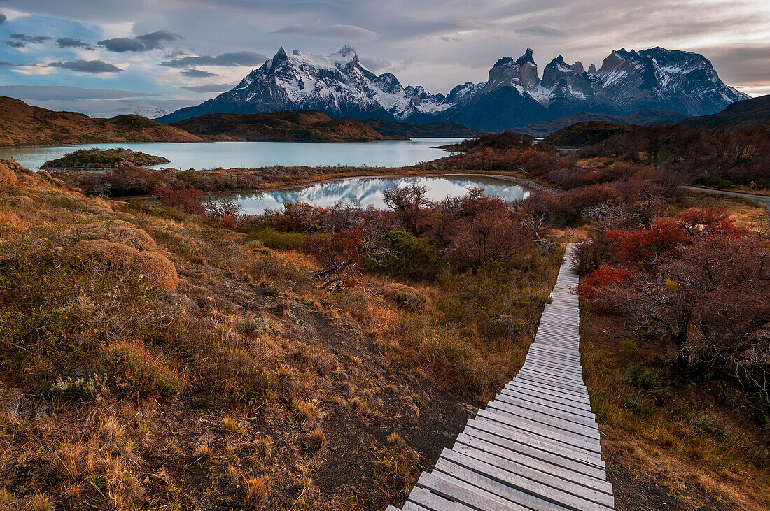Boardwalk to Lago Pehoe, Torres del Paine National Park, Patagonia, Chile.