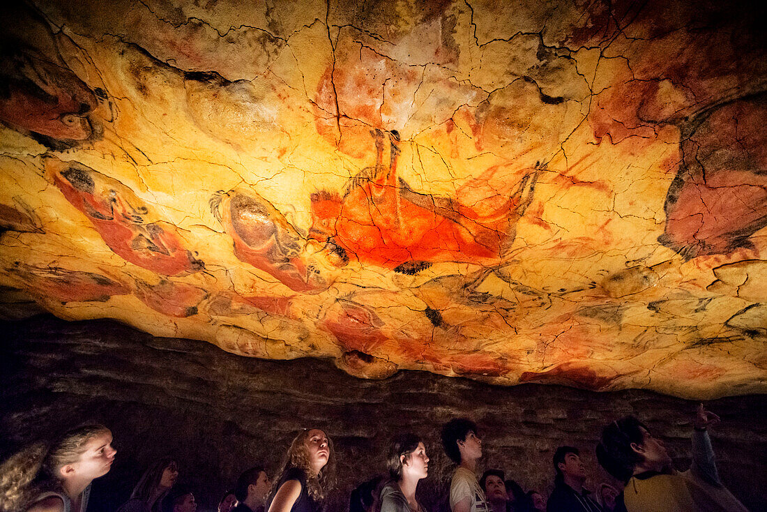 Paleolithic tools and replica of cave painting showing bison, National Museum and Research Center of Altamira, Santillana del Mar, Cantabria, Spain