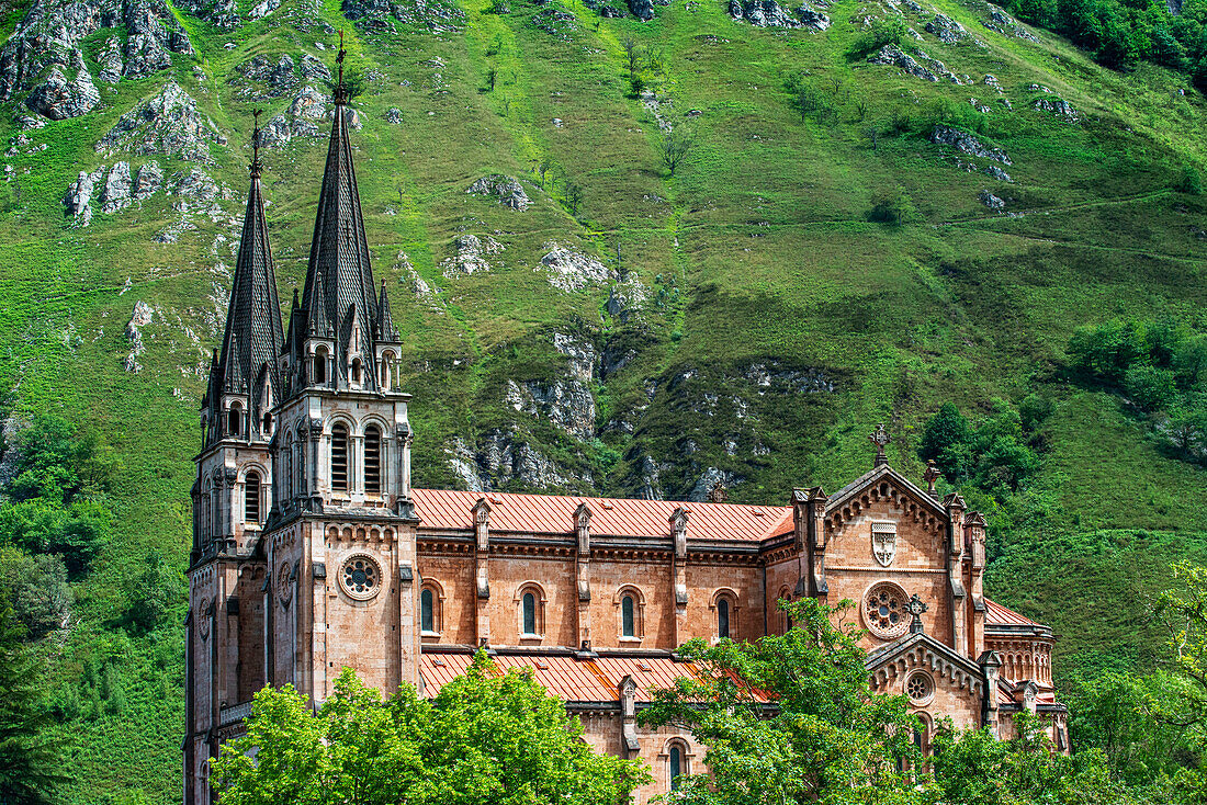 Basílica de Santa María la Real de Covadonga catholic church in Cangas de Onis, Picos de Europa, Asturias, Spain, Europe.