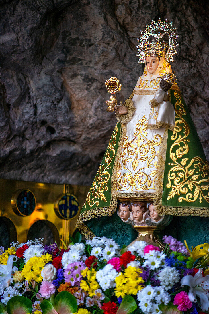 Our Lady of Covadonga. The Blessed Virgin Mary, and a Marian shrine devoted to her at Basílica de Santa María la Real de Covadonga catholic church in Cangas de Onis, Picos de Europa, Asturias, Spain, Europe.