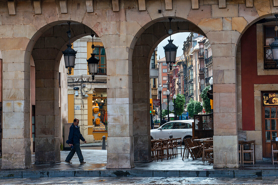 Archs in Main square Plaza Mayor in the neighborhood of Cimadevilla, Gijón, Asturias, Spain, Europe