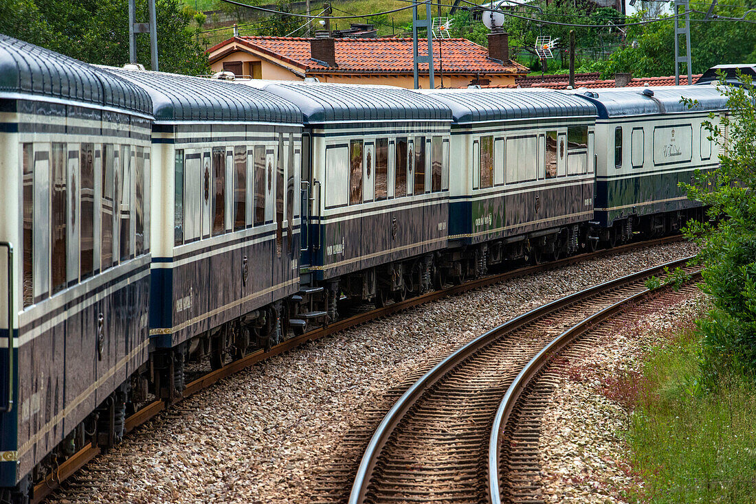 Outisde carriages of Transcantabrico Gran Lujo luxury train travellong across northern Spain, Europe. Journey between Luarca Asturias and Ribadeo in Galicia.