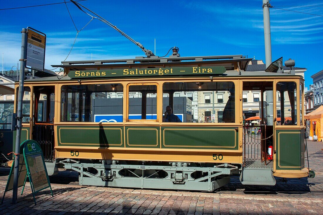 Old fashioned historical tram, Kauppatori, main market square, Helsinki, Finland, Europe