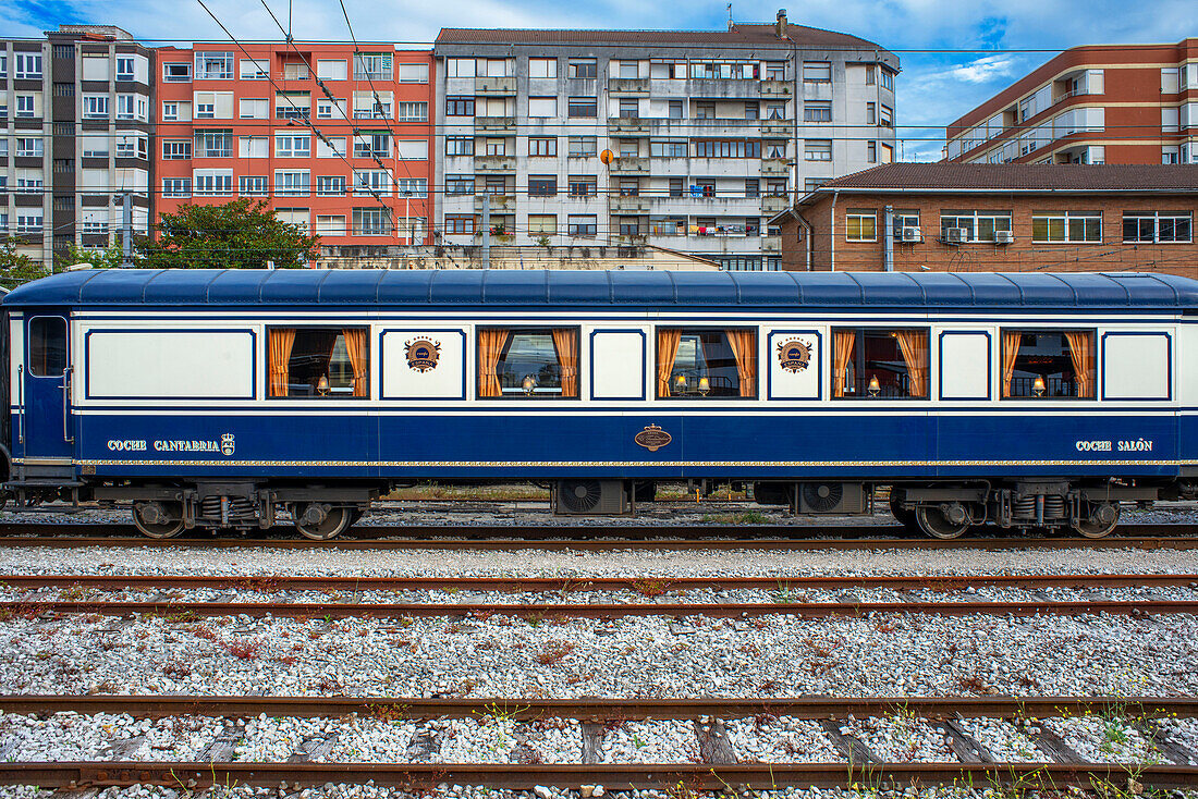 Outisde carriages of Transcantabrico Gran Lujo luxury train travellong across northern Spain, Europe.