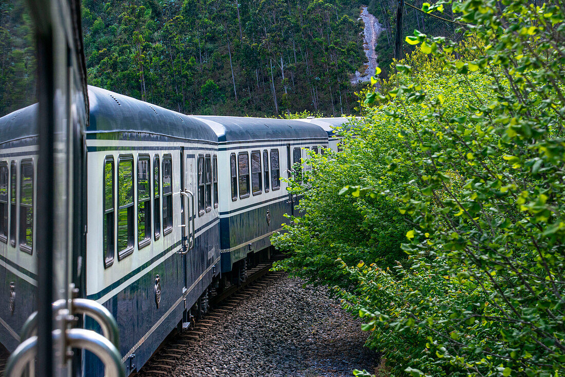 Außenwagen des Luxuszuges Transcantabrico Gran Lujo auf der Fahrt durch Nordspanien, Europa. Fahrt zwischen Unquera und Cabezon de la Sal.