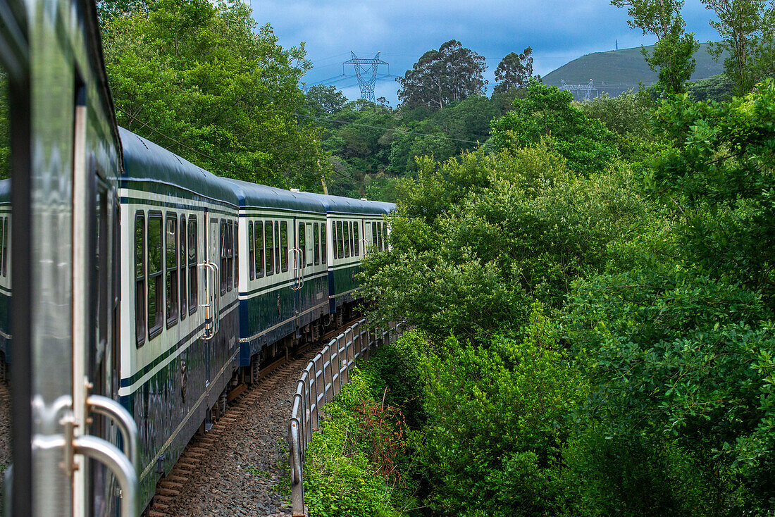 Außenwagen des Luxuszuges Transcantabrico Gran Lujo auf der Fahrt durch Nordspanien, Europa. Fahrt zwischen Unquera und Cabezon de la Sal.