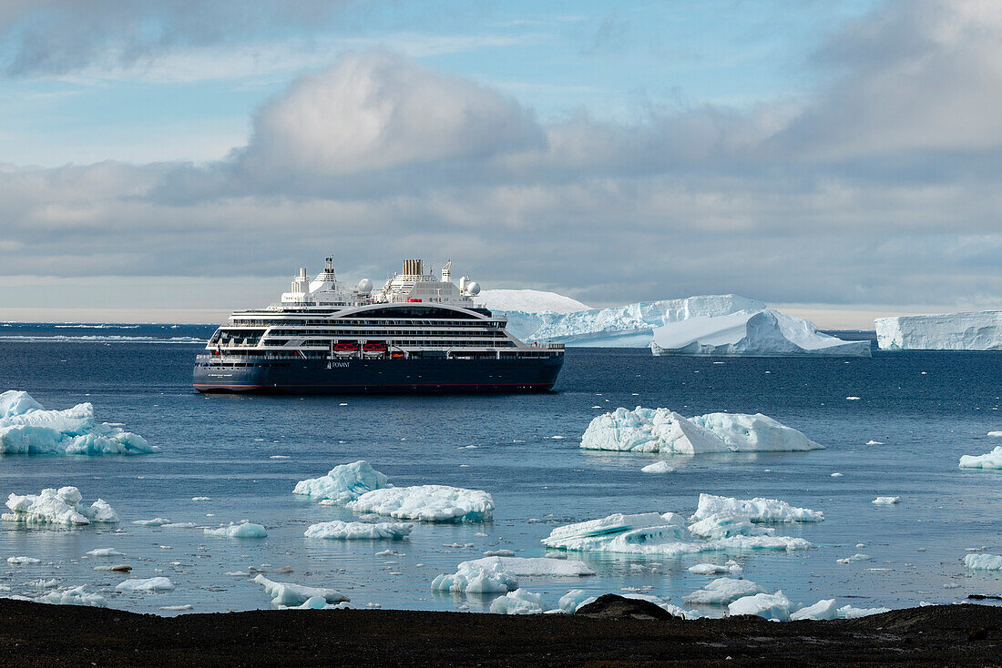 Expedition ship Le Commandant Charcot at Brown Bluff, Tabarin Peninsula, Weddell Sea, Antarctica.