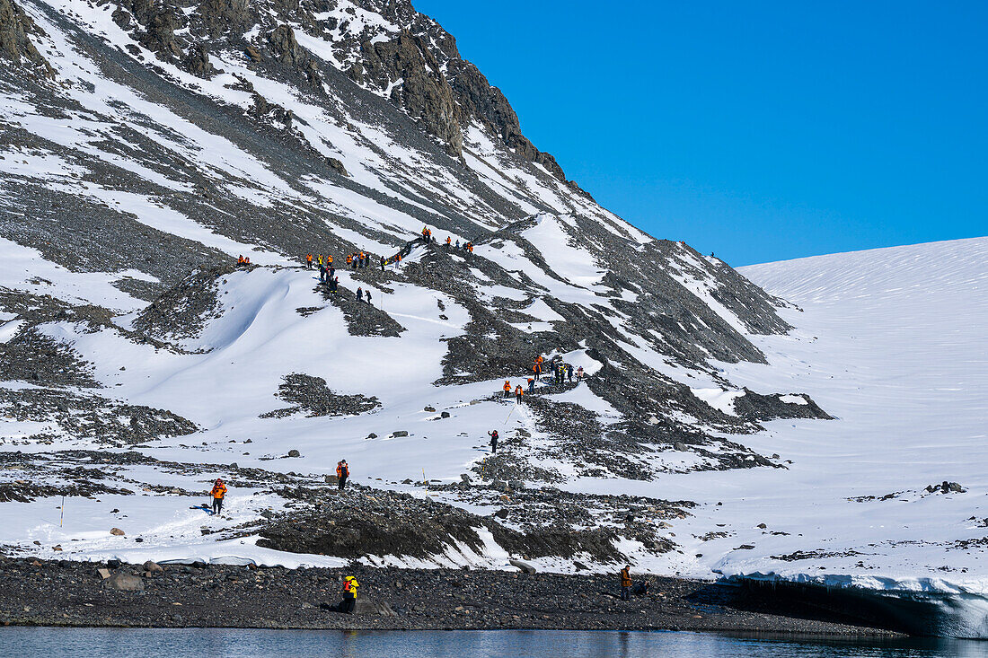 National Geographic Expeditions - Ponant guests hiking in Larsen Inlet, Weddell Sea, Antarctica.