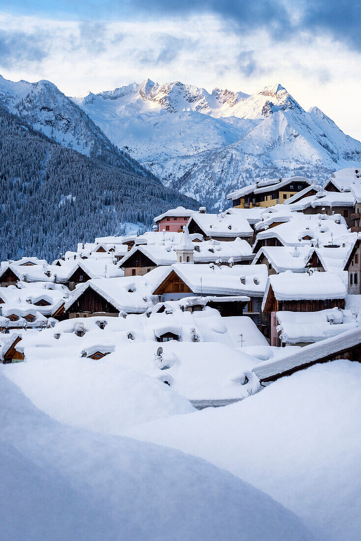 Vermiglio at winter season. Europe, Italy, Trentino Alto Adige, Sun valley, Trento province, Vermiglio