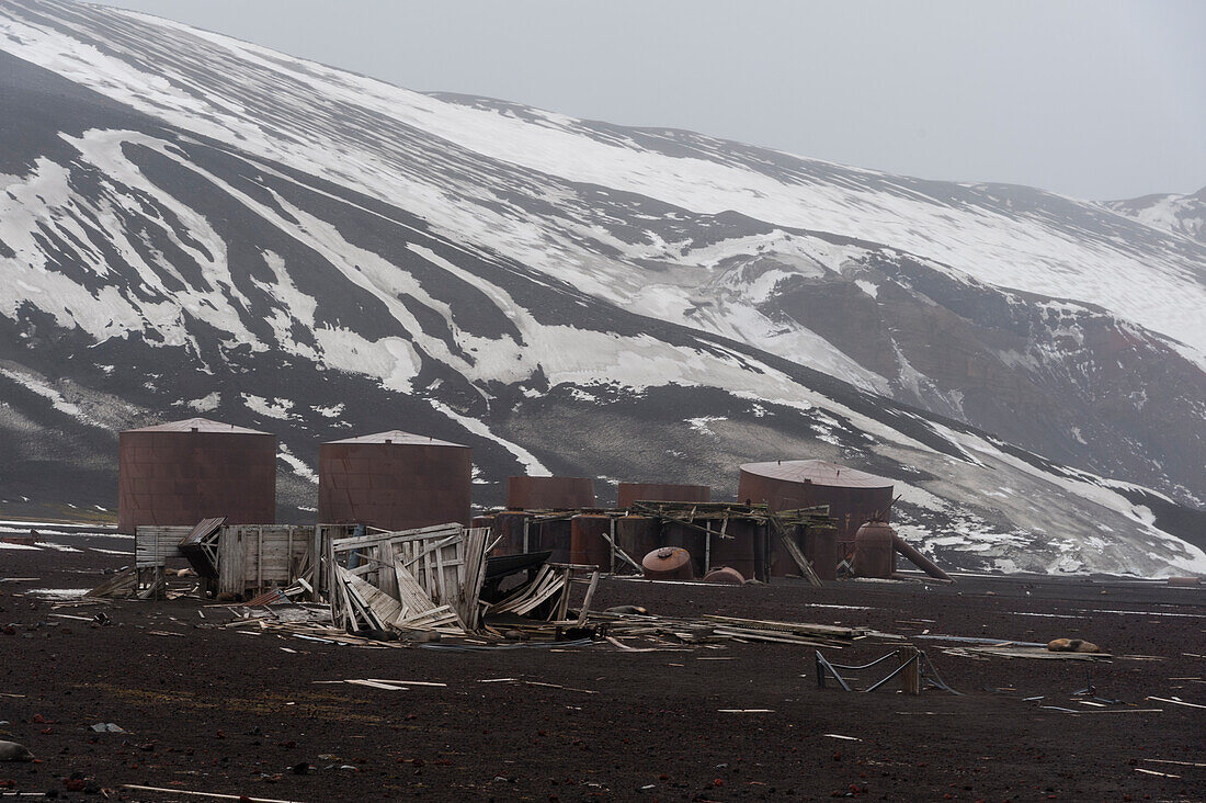 The remains of the Norwegian Hektor whaling station,, Deception Island, Antarctica.