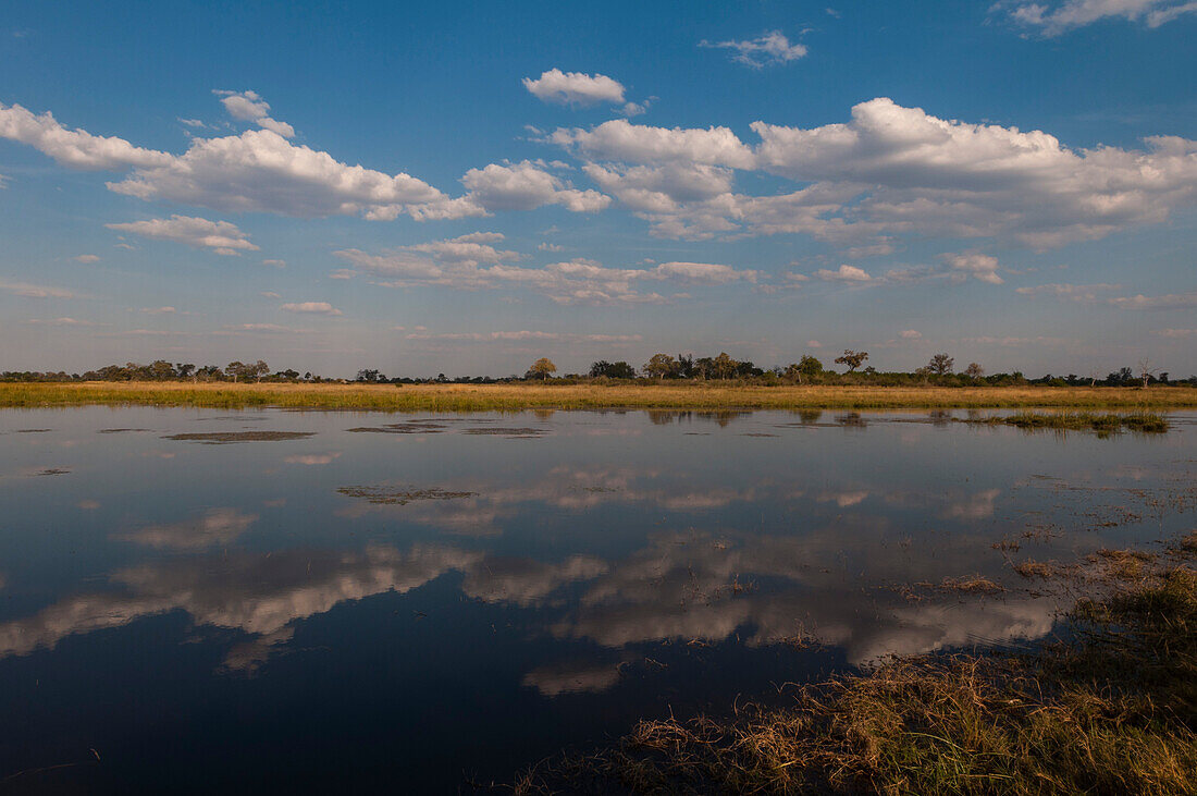 Wolken, die sich im ruhigen Wasser des Savute-Kanals spiegeln. Savute-Kanal, Linyanti, Botsuana.