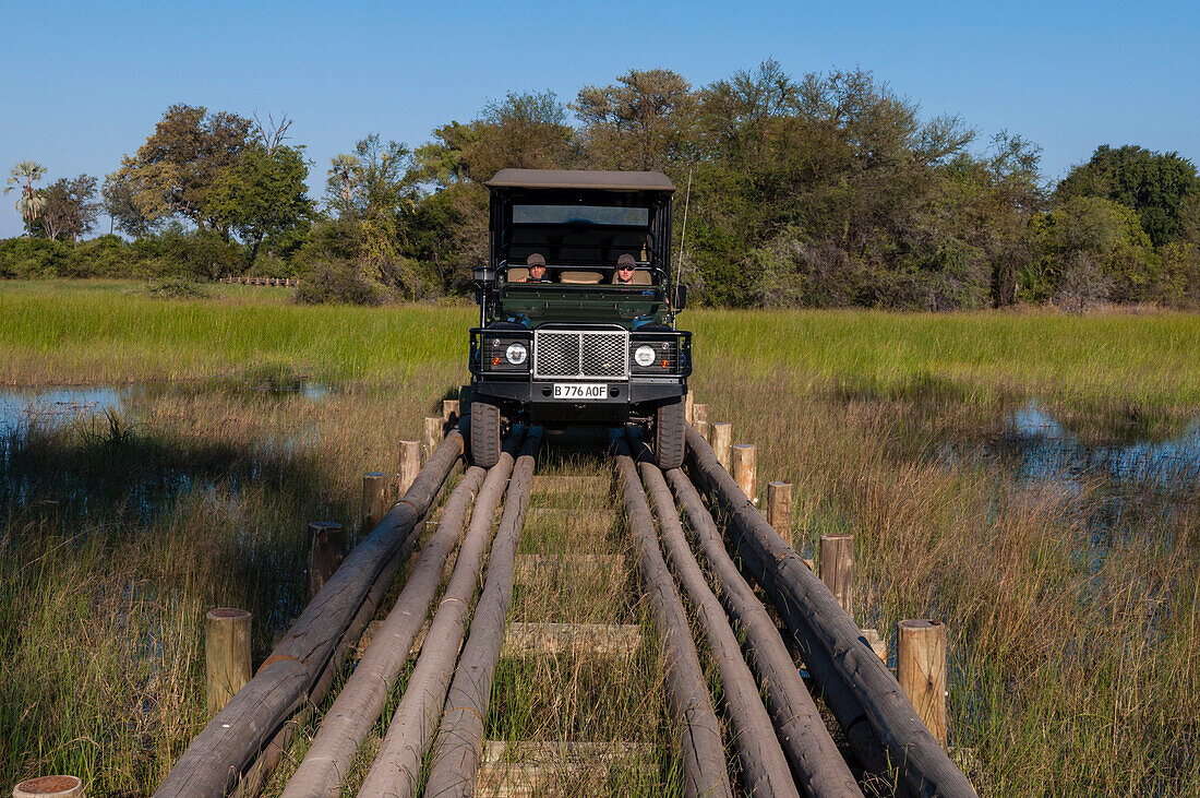 Ein Safarifahrzeug überquert eine Holzbrücke im Abu Camp. Abu Camp, Okavango-Delta, Botsuana.