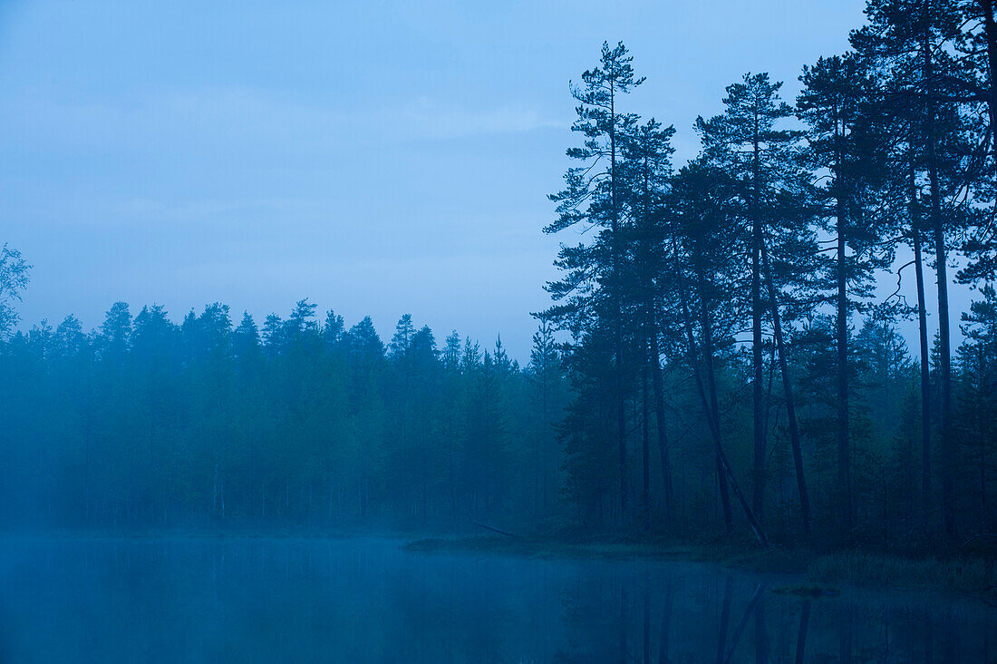Ein nebelverhangener See in einer Sommernacht. Kuhmo, Oulu, Finnland.
