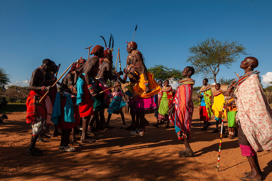 Samburu-Stammesangehörige führen einen traditionellen Tanz auf. Loisaba Wilderness Conservancy, Distrikt Laikipia, Kenia.