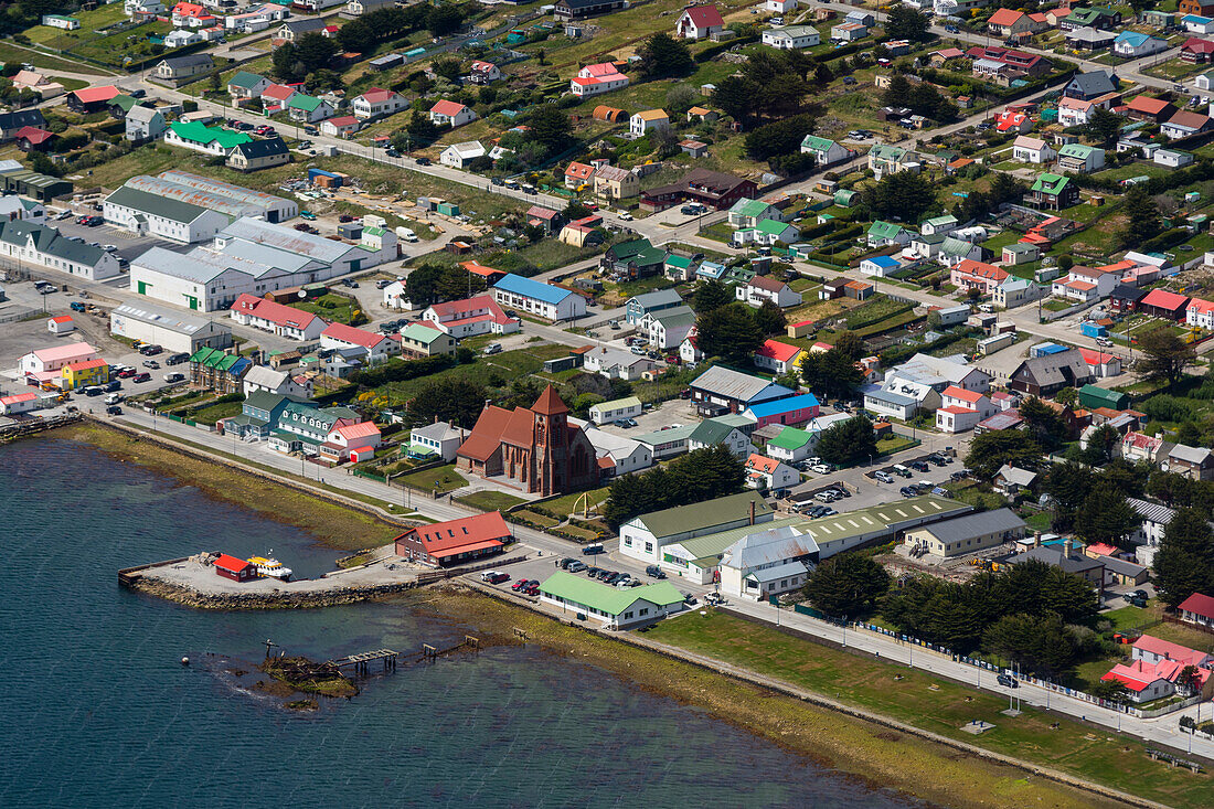 Luftaufnahme von Stanley auf den Falklandinseln. Stanley, Falklandinseln