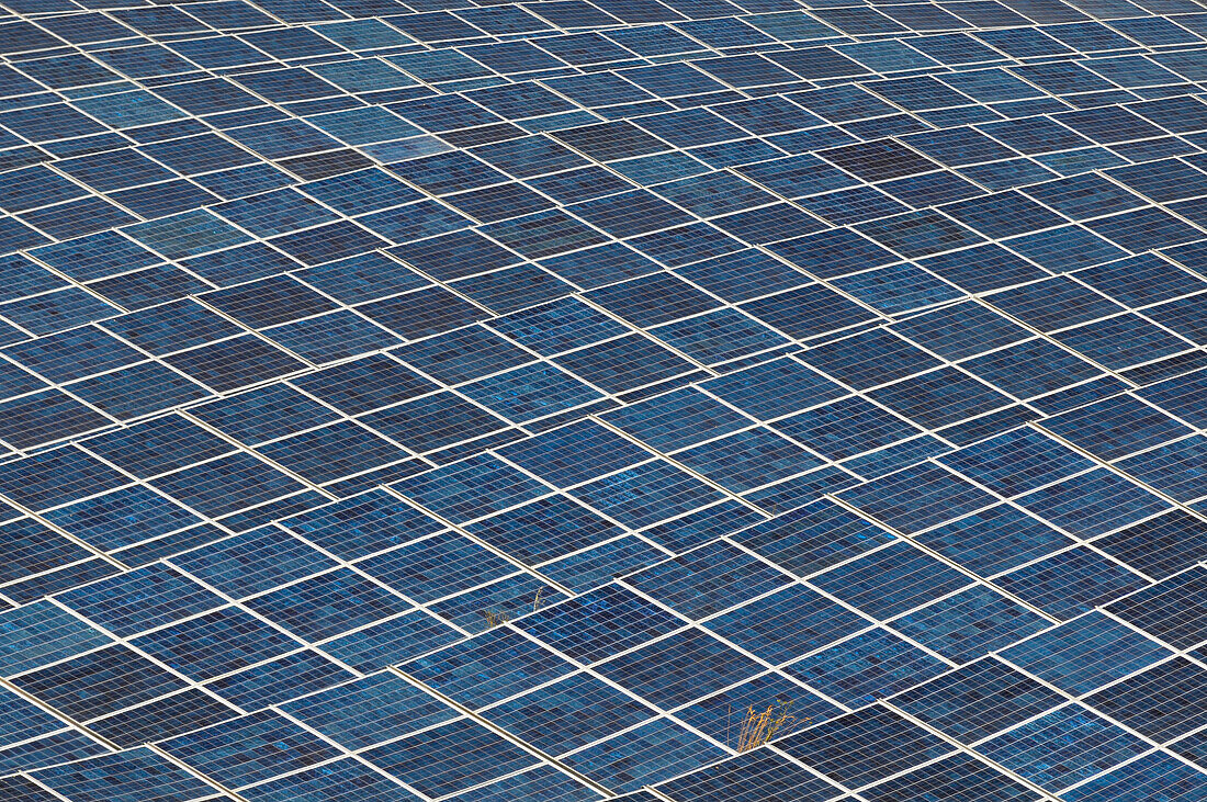 Ein mit Solarmodulen gefülltes Feld in einem Solarkraftwerk. Les Mees, Provence, Frankreich.