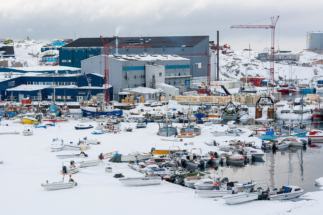 Boote im zugefrorenen Hafen. Ilulissat, Grönland.