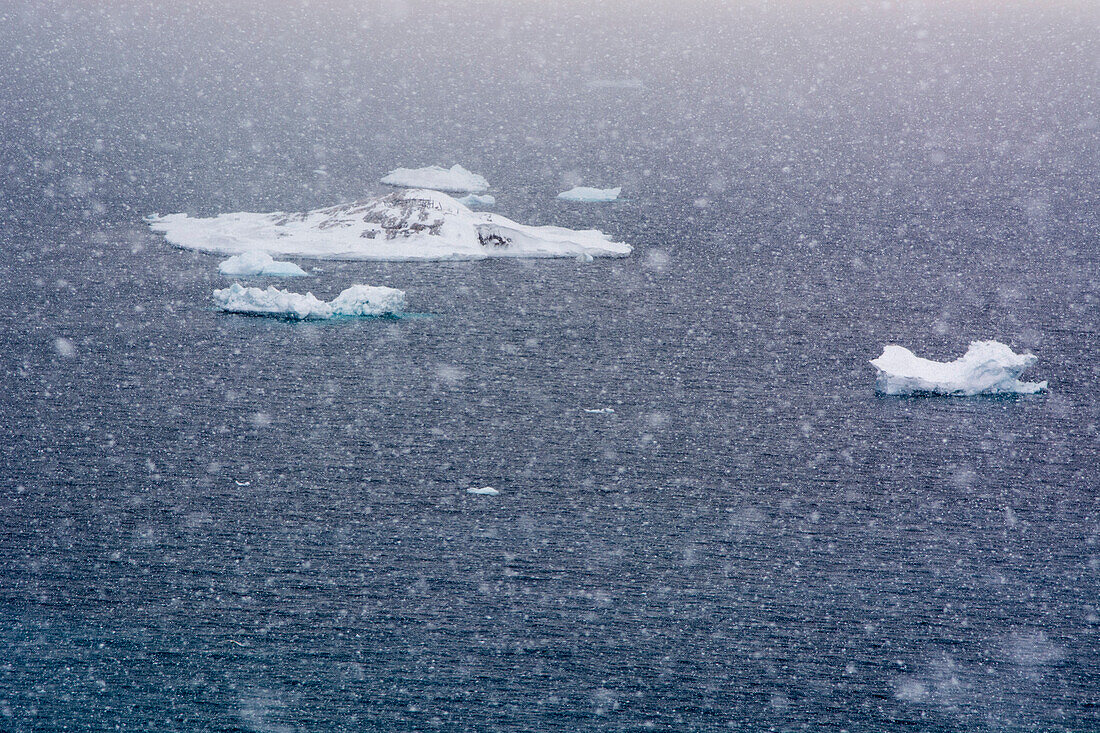 A snow storm in Disko Bay. Disko Bay, Ilulissat, Greenland.