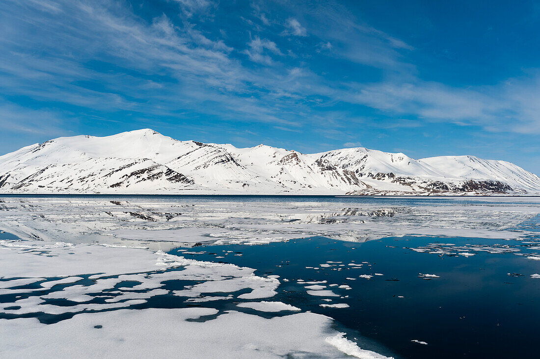 Ice floats on arctic waters fronting Monaco Glacier. Monaco Glacier, Spitsbergen Island, Svalbard, Norway.