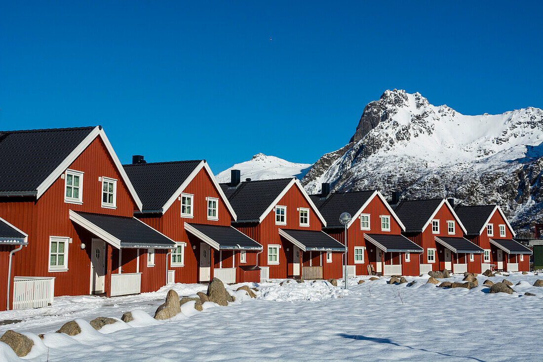 A row of red buildings, the Svinoya Rorbuer apartments, in a snowy landscape. Svolvaer, Lofoten Islands, Nordland, Norway.
