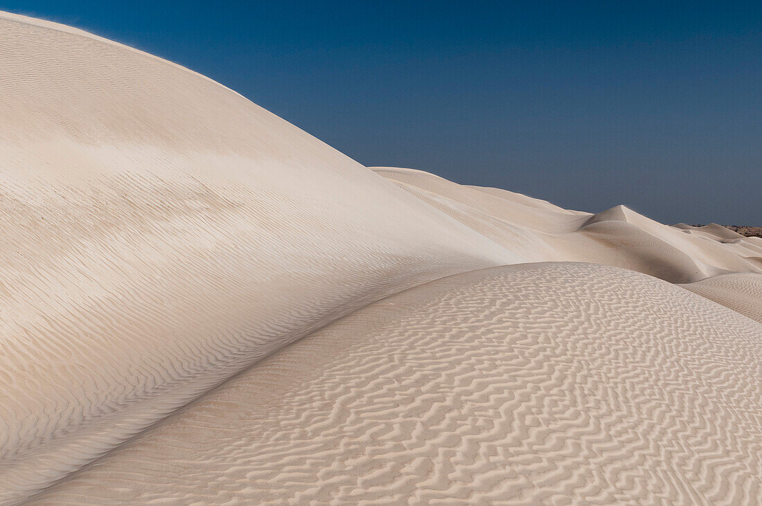 Gekräuselte weiße Sanddünen in der Khaluf-Wüste. Khaluf-Wüste, Arabische Halbinsel, Oman.