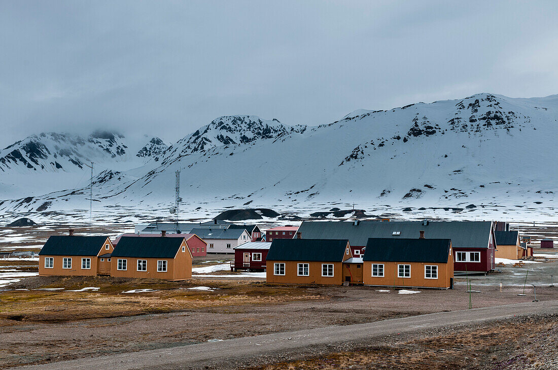 Colorful housing at the research station of Ny-Alesund.. Ny-Alesund, Kongsfjorden, Spitsbergen Island, Svalbard, Norway.