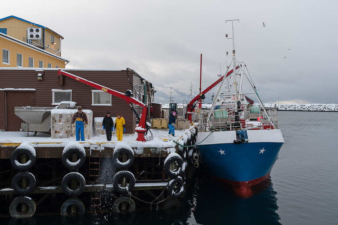 Ein Fischerboot liegt im Hafen von Nordmela vor Anker. Nordmela, Vesteralen-Inseln, Nordland, Norwegen.