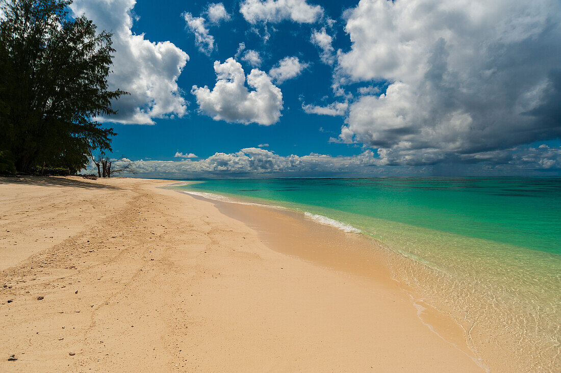Puffy white clouds over a sandy tropical beach in the Indian Ocean. Denis Island, The Republic of the Seychelles.