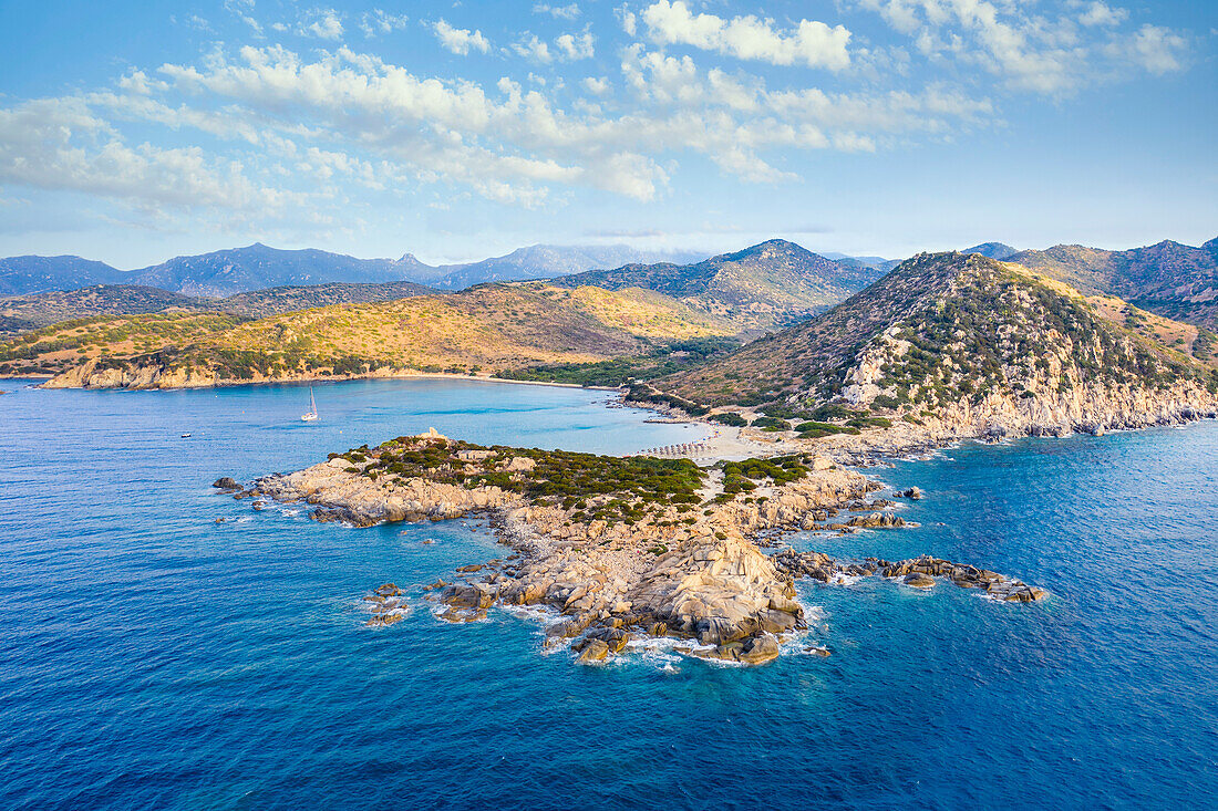 Kap und Strand von Punta Molentis, Villasimius, Cagliari, Sardinien, Italien