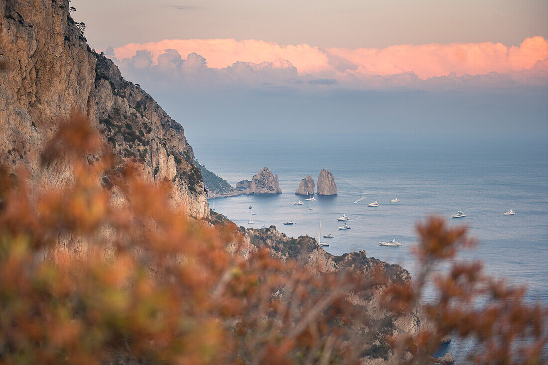 Faraglioni-Felsen bei Sonnenuntergang. Insel Capri, Kampanien, Italien