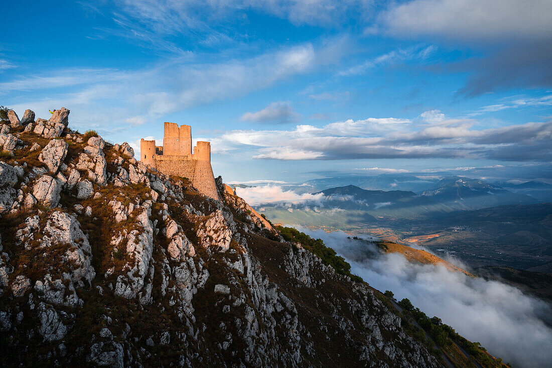 Sunset in Rocca Calascio, an ancient building on the top of a mountain, Gran Sasso National Park, L'Aquila province, Abruzzo, Italy.