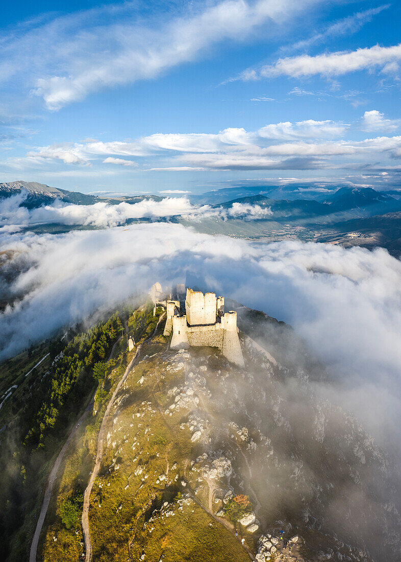 Sunset in Rocca Calascio, an ancient building on the top of a mountain, Gran Sasso National Park, L'Aquila province, Abruzzo, Italy.