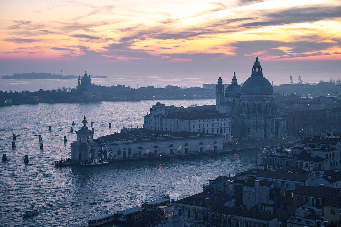 Aerial view of Punta della Dogana and Salute Church. Venice, Veneto, Italy