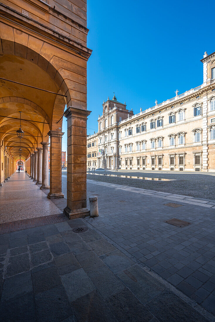 Piazza Roma, iconic square in Modena old town. Modena, Emilia Romagna, Italy