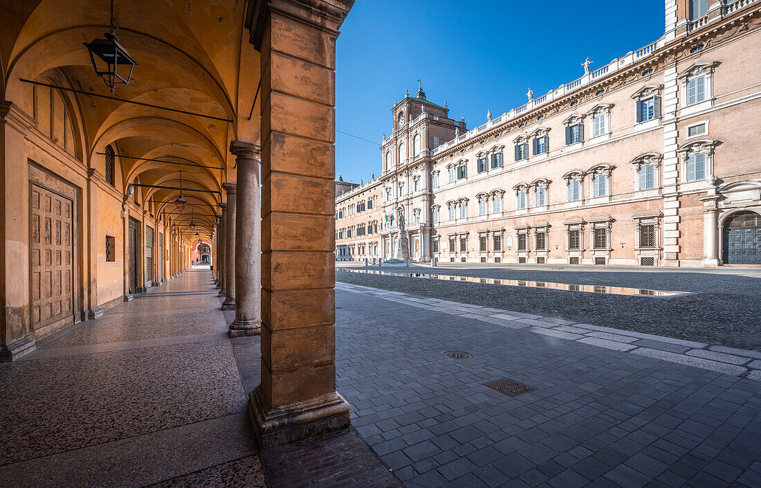 Piazza Roma, iconic square in Modena old town. Modena, Emilia Romagna, Italy