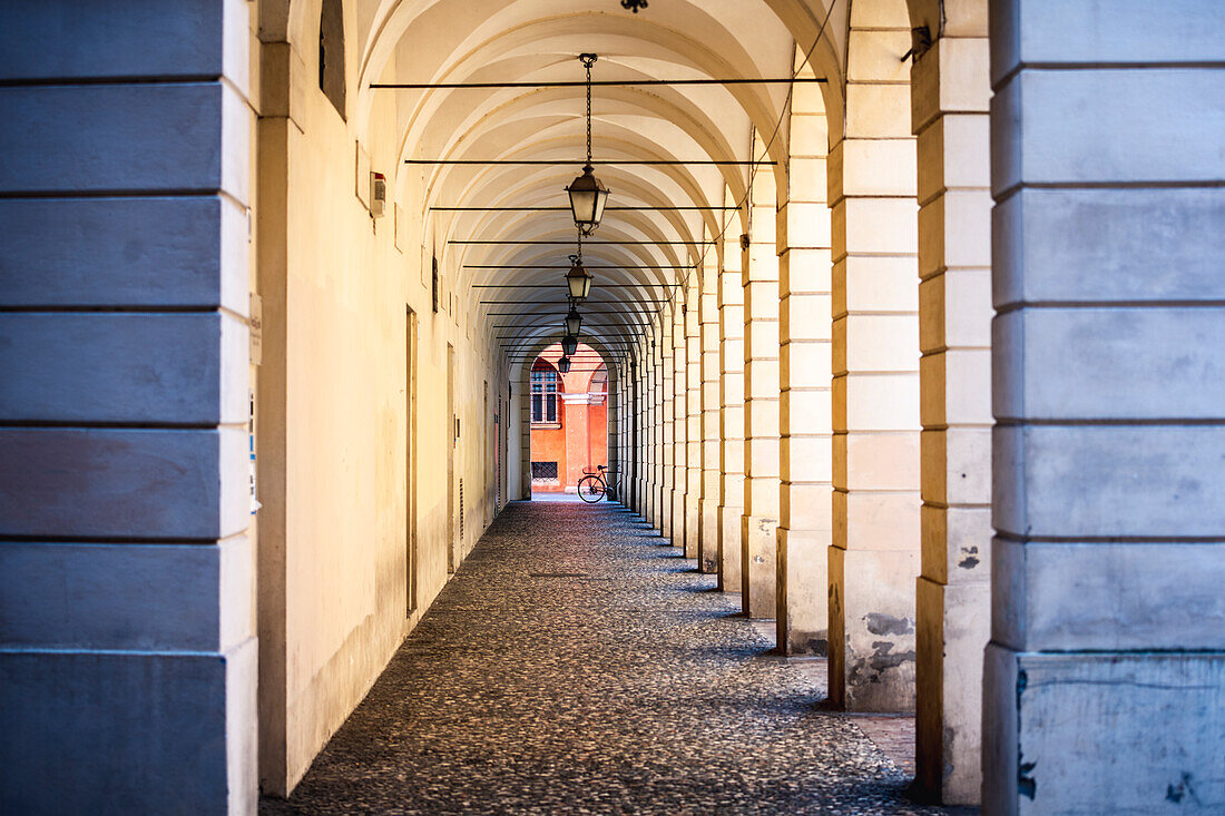 Typical arcades near Modena Dome. Modena, Emilia Romagna, Italy