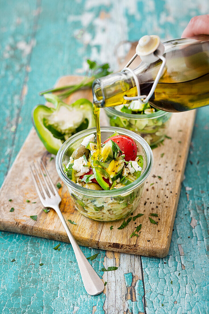 Greek farmer's salad with kritharaki (rice noodles)