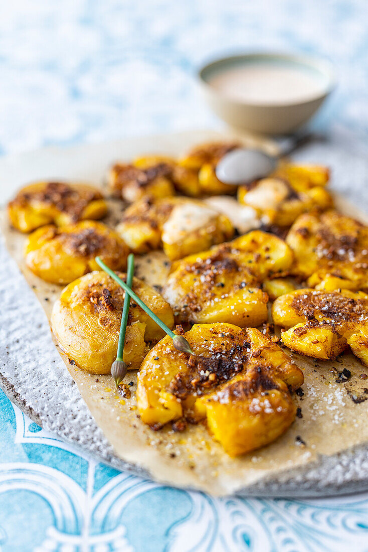 Smashed Potatoes (Quetschkartoffeln) mit Curryöl und Orangen-Mayonnaise