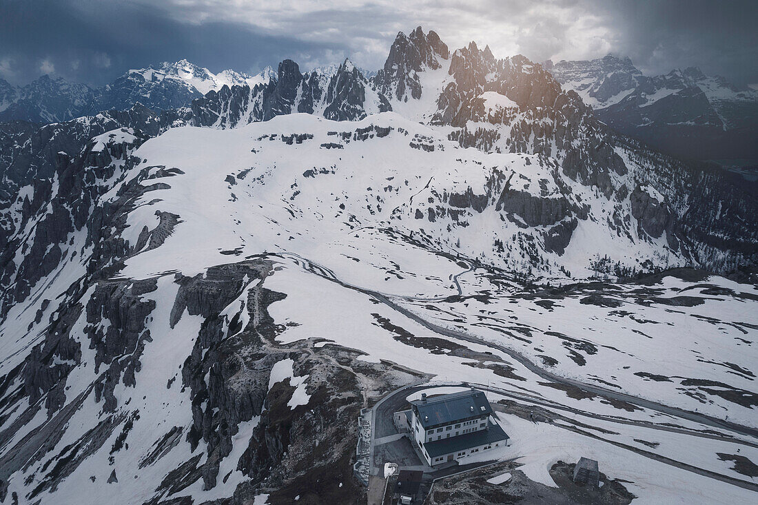 Aerial view of Rifugio Auronzo and Cadini di Misurina, Belluno province, Dolomites, Veneto, Italy