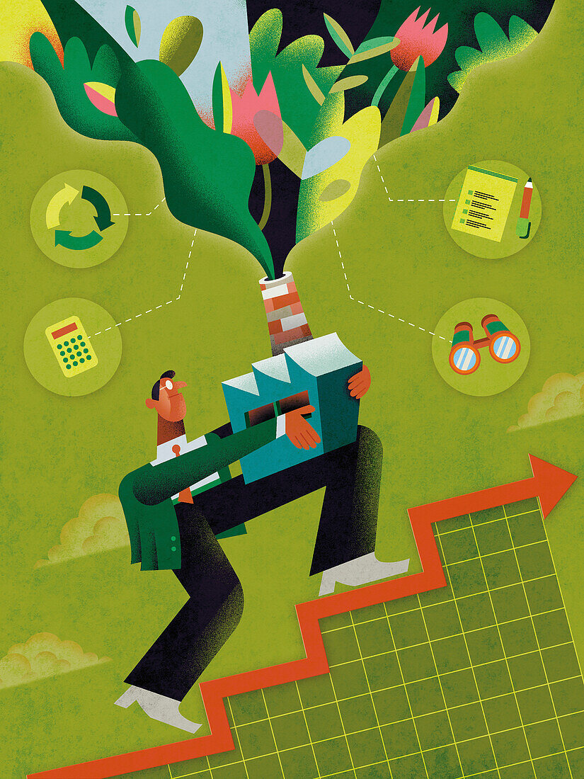 Businessman carrying successful green business, illustration