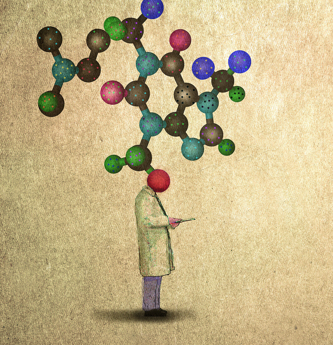 Scientist with molecular model head, illustration