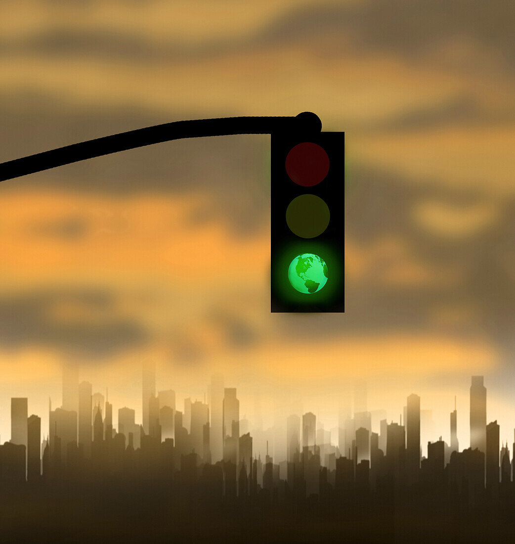 Green traffic light over polluted city skyline, illustration