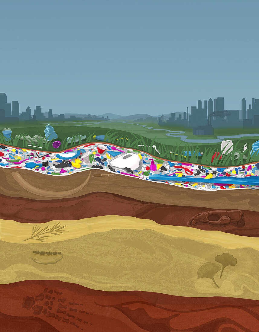 Plastics and the anthropocene, conceptual illustration