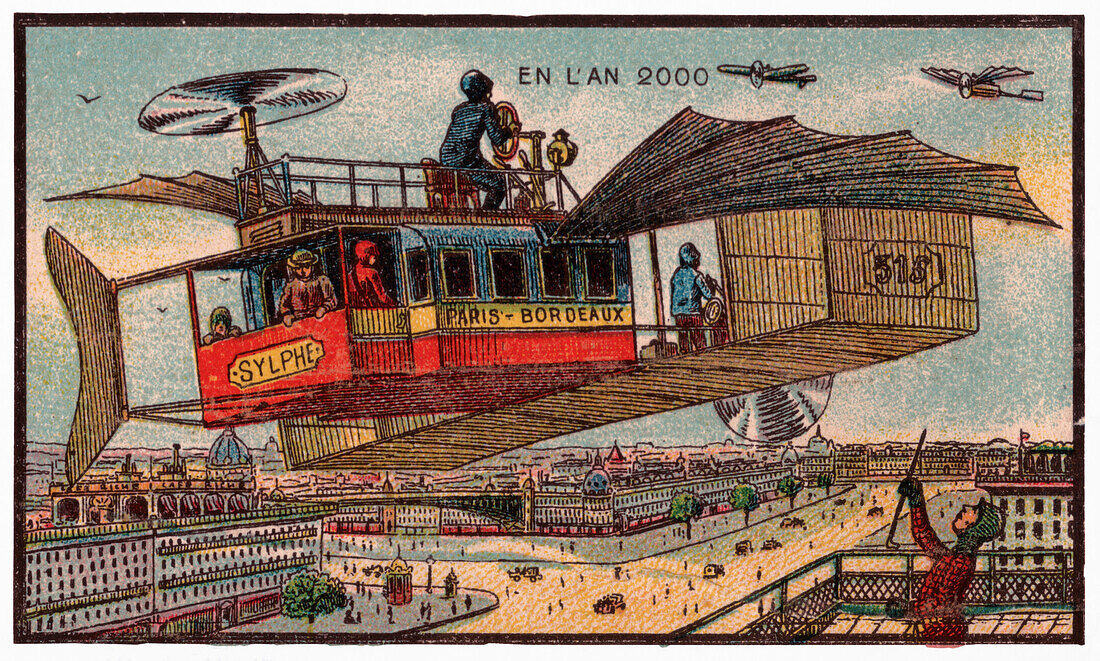 Flying bus in Paris, illustration