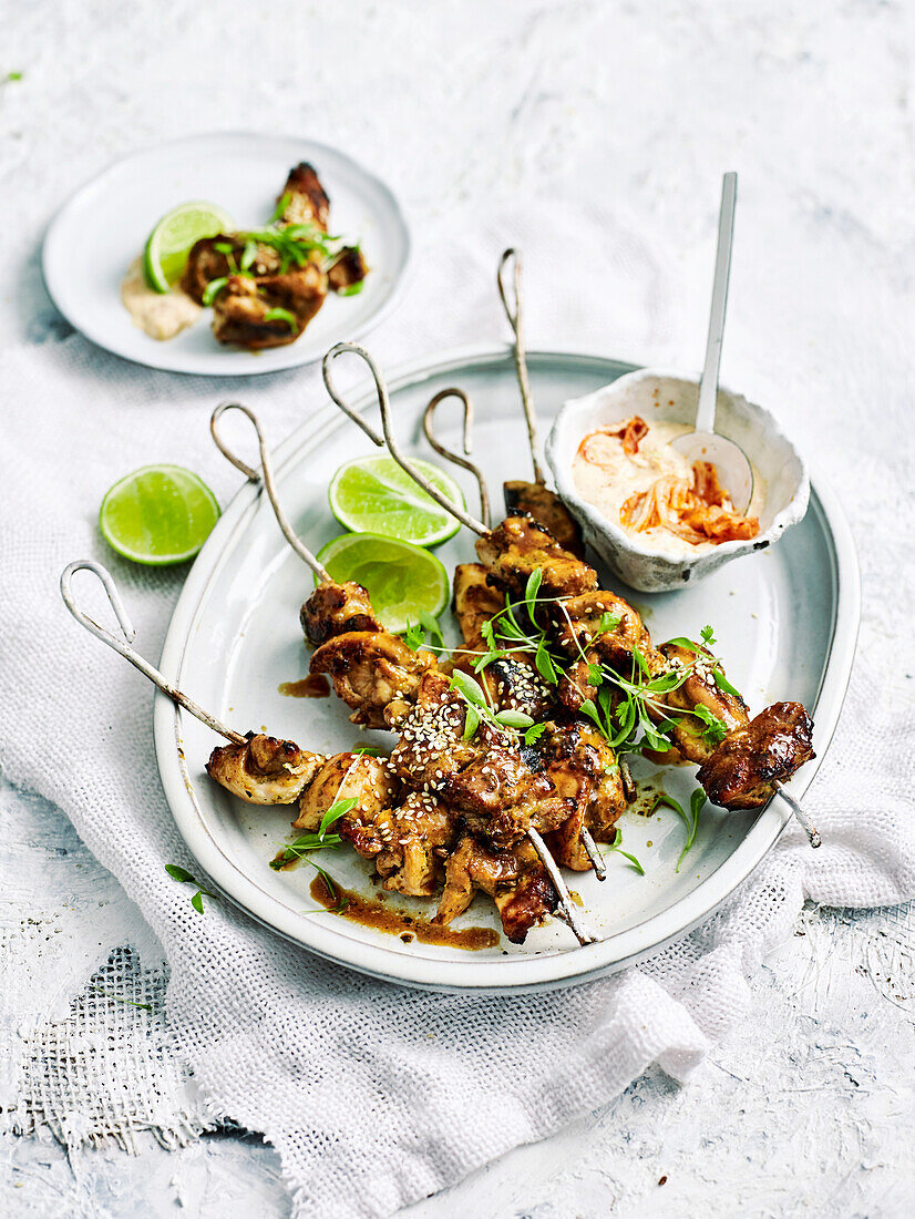 Grilled chicken skewers with kimchi mayo