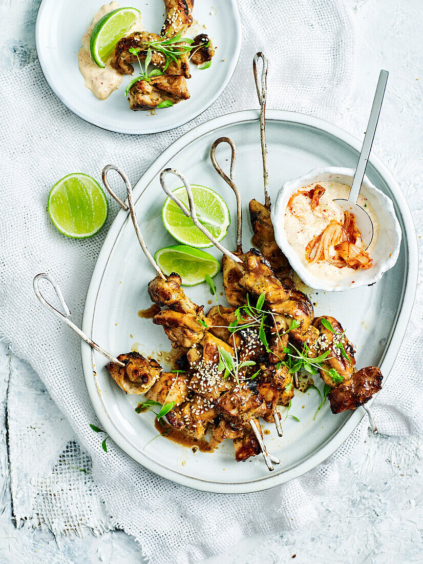 Grilled chicken skewers with kimchi mayo