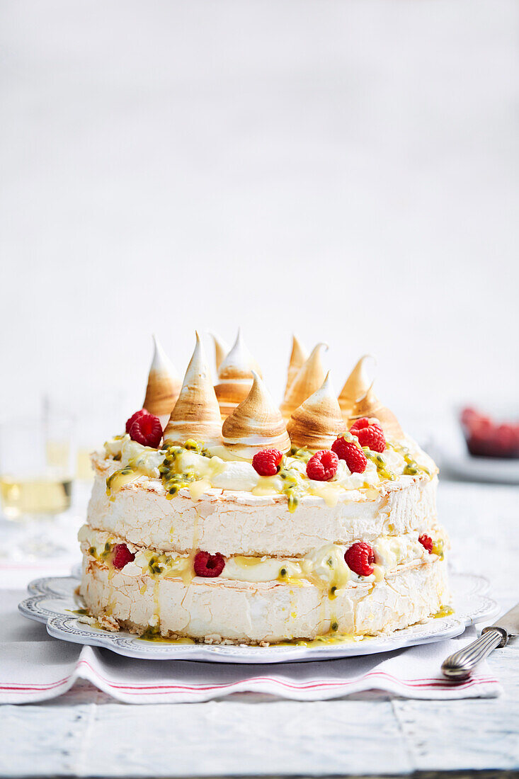 Lemon and passionfruit pavlova stack